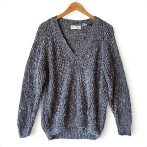 Vintage sz L Ramie Cotton Blend Thick Cable Knit V Neck Sweater Oversized Blue